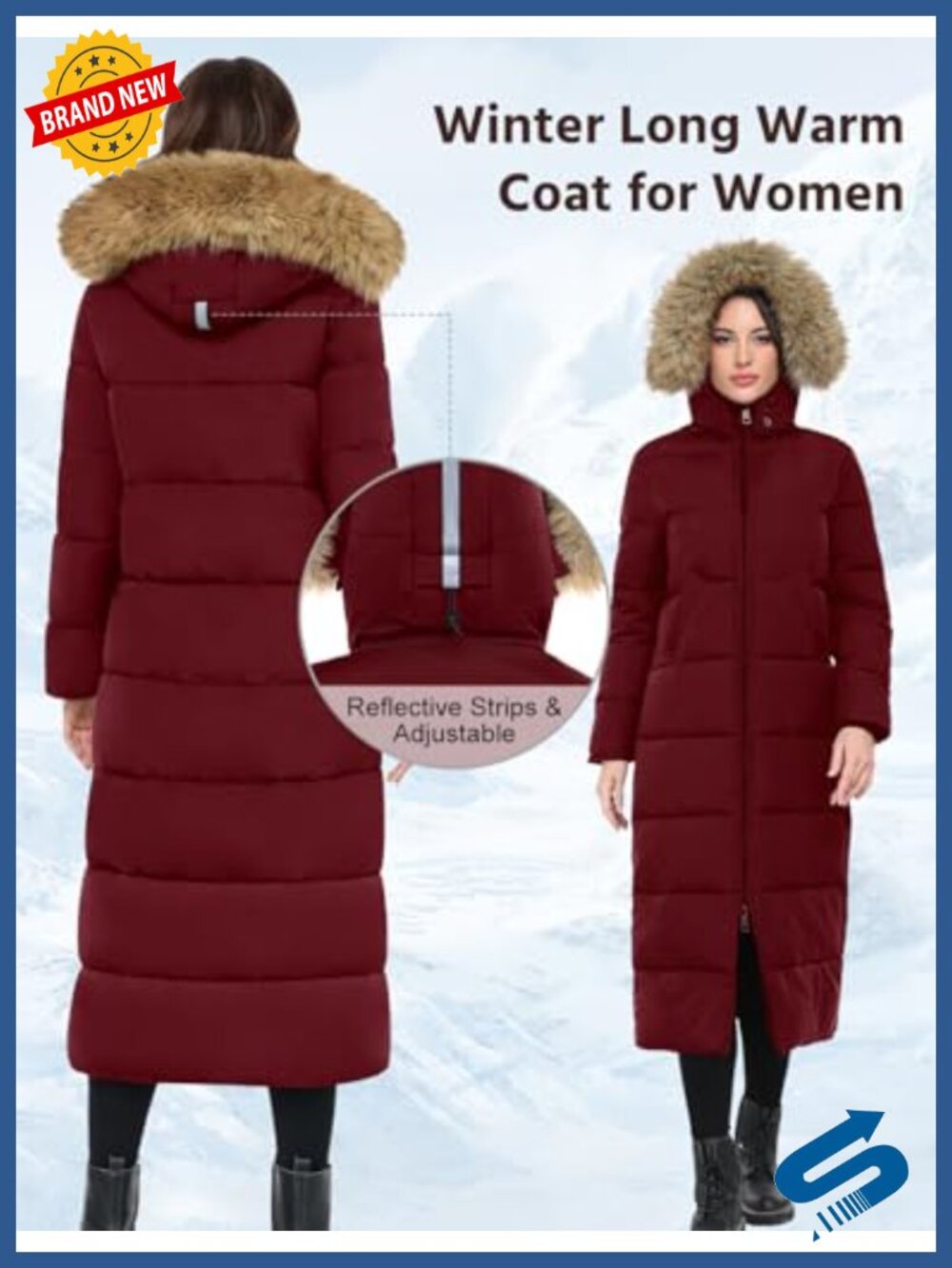 Women's Long Puffer Coat Winter Quilted Jacket with Faux Fur Hood - Picture 3 of 5